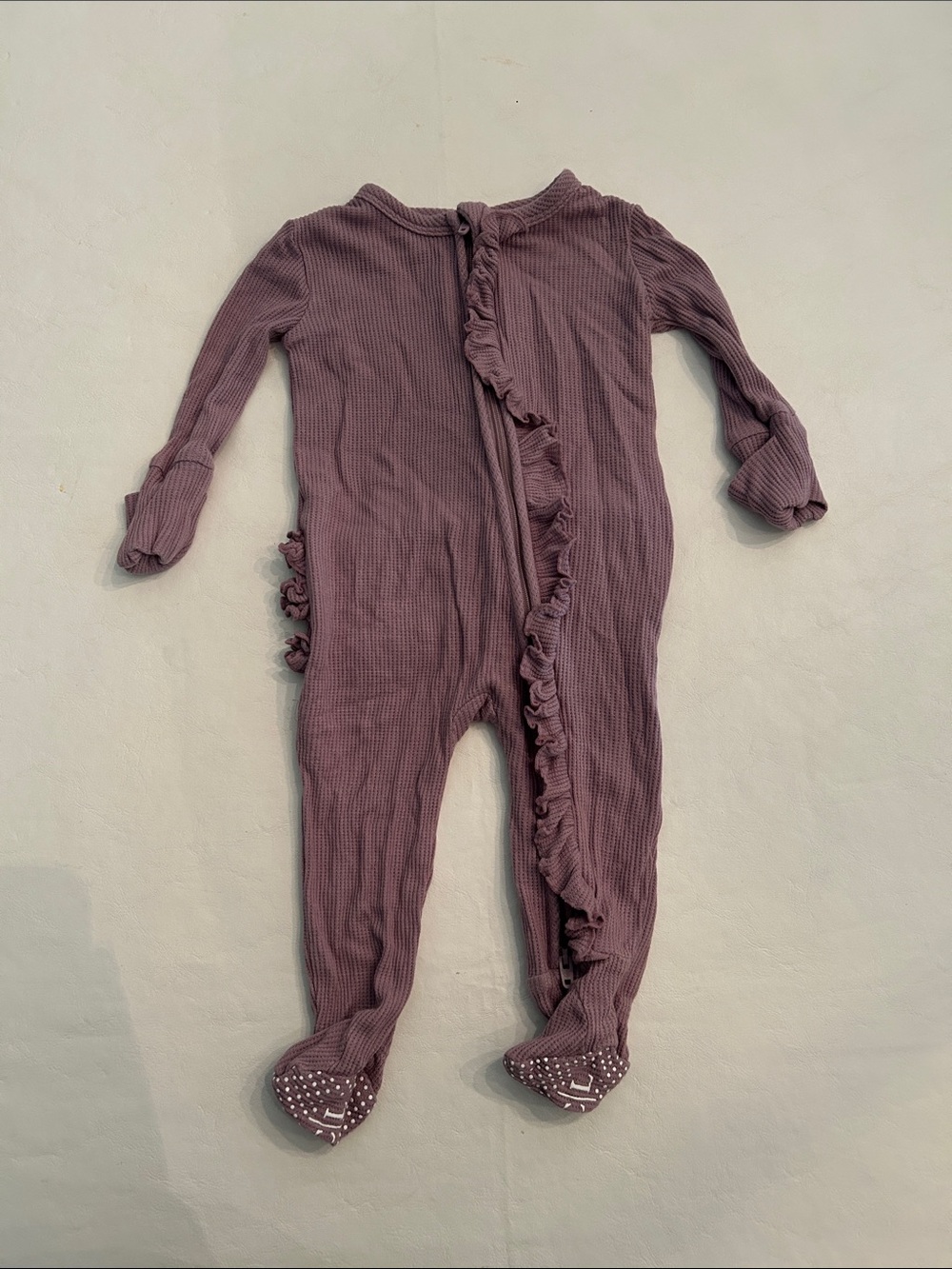 Caden Lane Mauve Ruffle Ribbed Footed One-Piece
